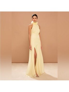 Sonya moda Halter Maxi Dress in Soft Yellow with High Slit